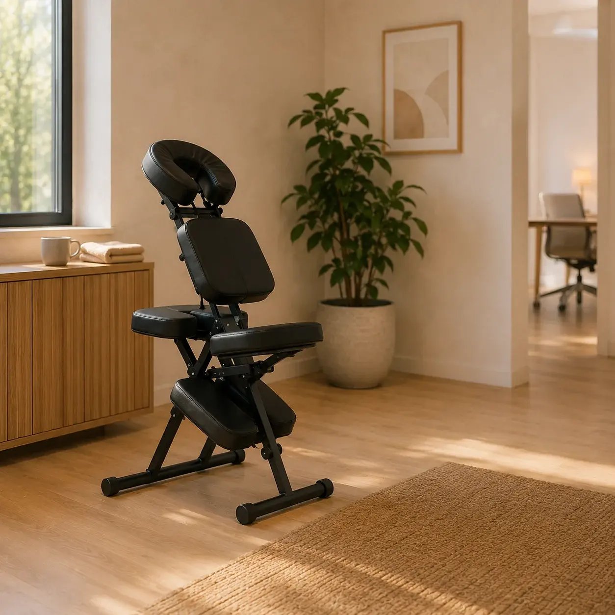 Une chaise de massage professionnelle installée seule dans un coin de bureau lumineux, prête pour la première séance de la journée.